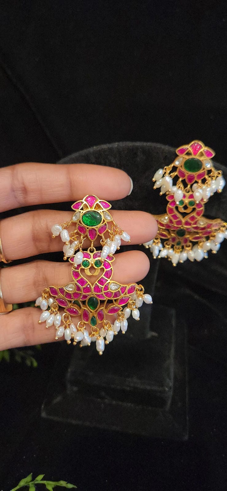 Traditional Kundan Peacock Chandbali Earrings | Real Pearls