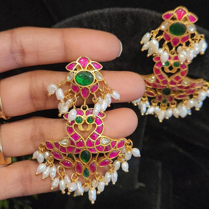 Traditional Kundan Peacock Chandbali Earrings | Real Pearls