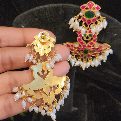 Traditional Kundan Peacock Chandbali Earrings | Real Pearls