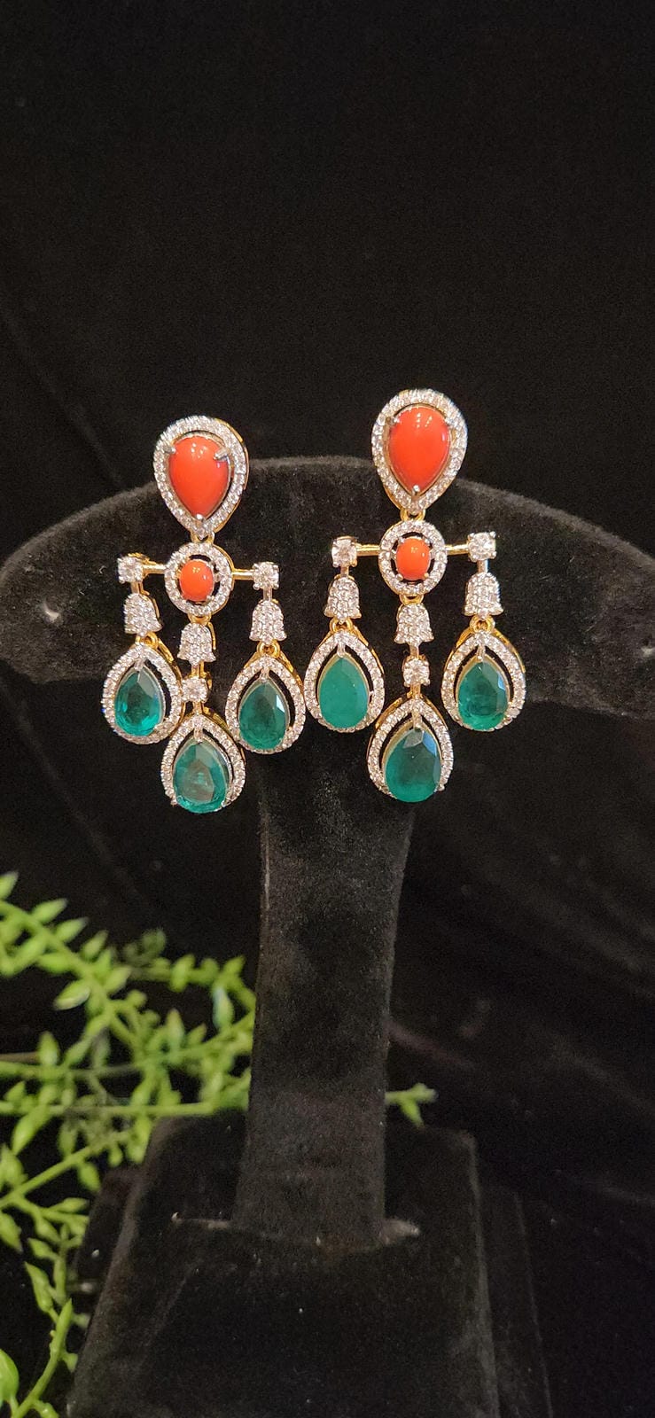Vibrant Dangler Earrings with Coral & Emerald
