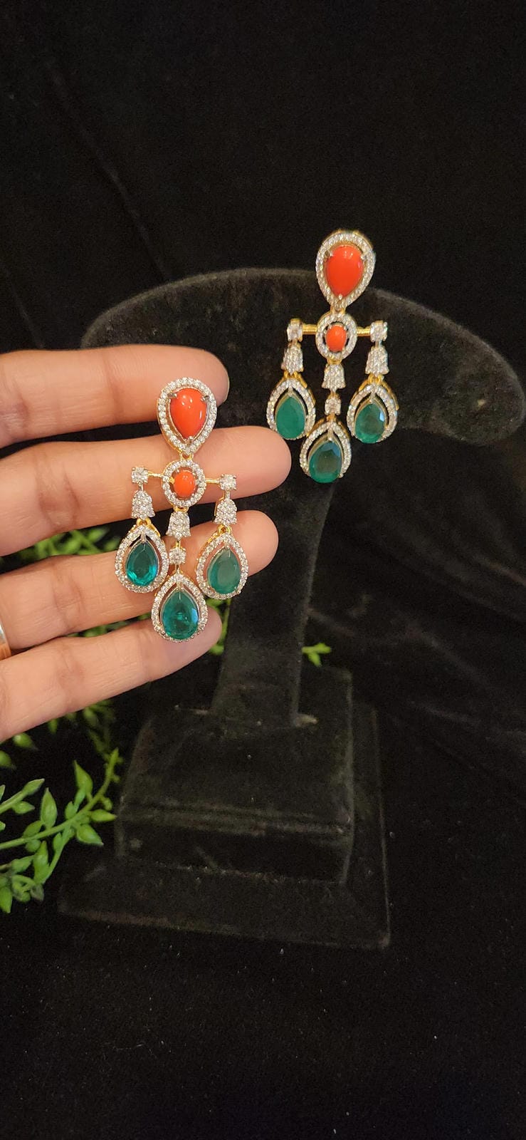 Vibrant Dangler Earrings with Coral & Emerald