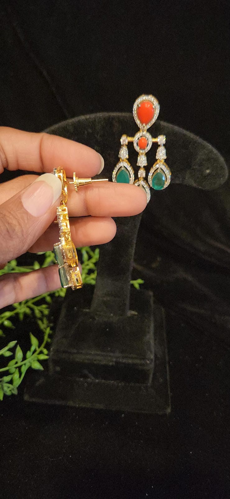 Vibrant Dangler Earrings with Coral & Emerald