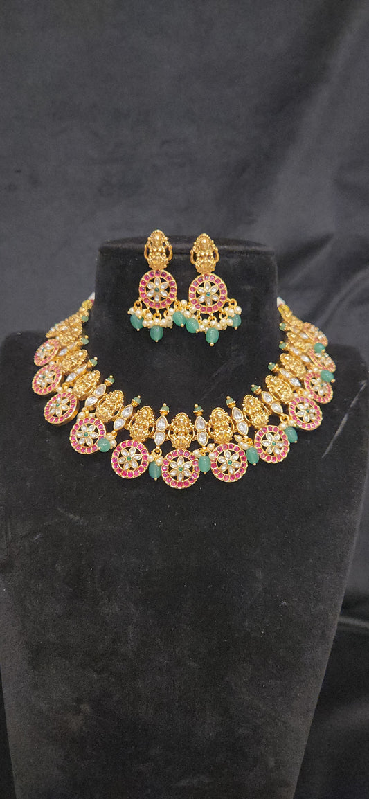 Lakshmi Pink Kundan Bottu Necklace with Matching Earrings