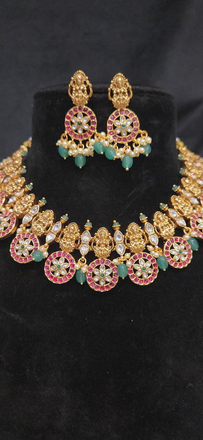 Lakshmi Pink Kundan Bottu Necklace with Matching Earrings