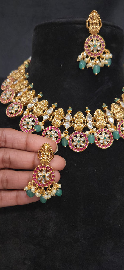 Lakshmi Pink Kundan Bottu Necklace with Matching Earrings