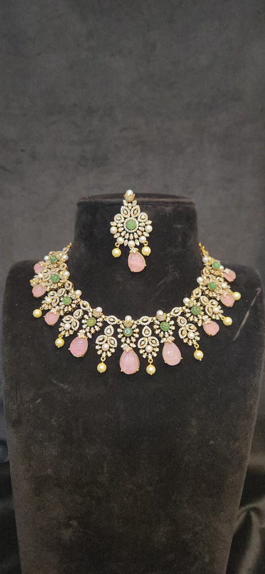 Floral Baby Pink Drop Necklace Set