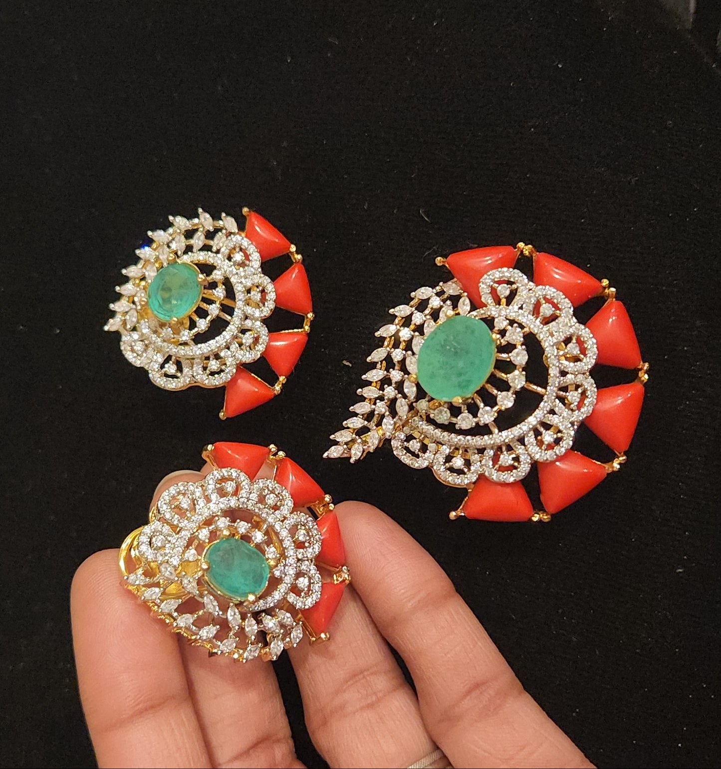 Pretty Floral Coral & Emerald Pendant Set