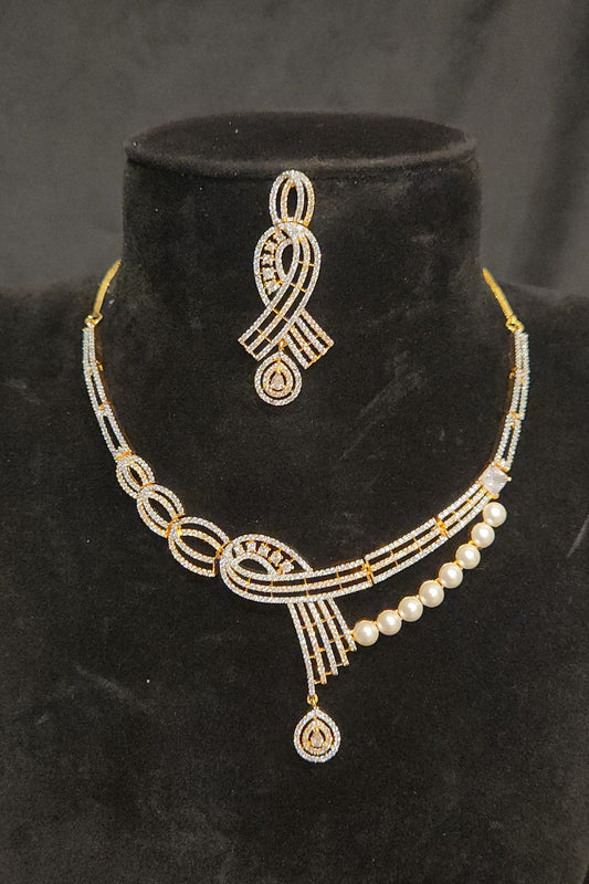 CZ Ribbon Necklace Set with Pearl