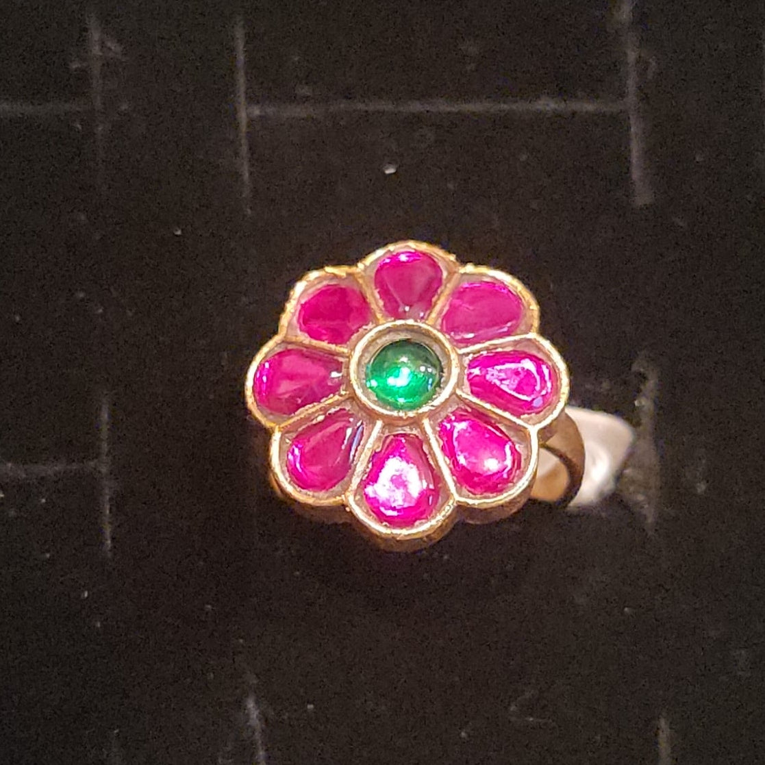 Charming Pink & Green Kundan Designer Ring