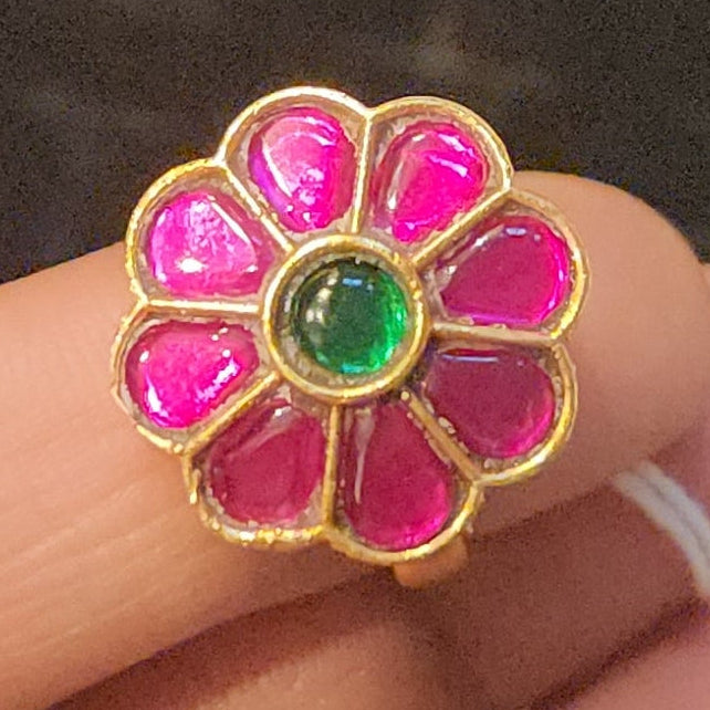 Charming Pink & Green Kundan Designer Ring
