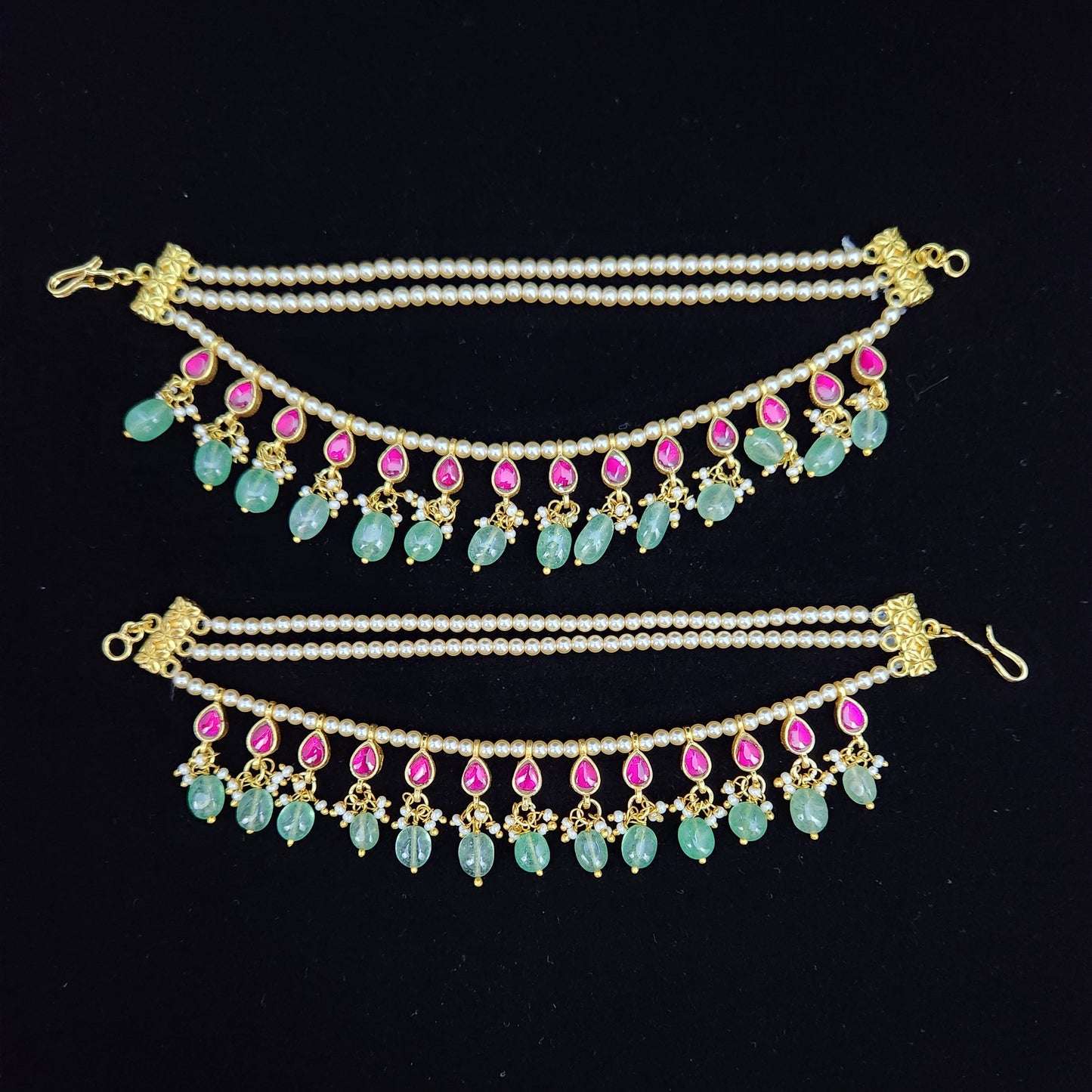Charming Pink Kundan Strawberry Bead Ear Chains