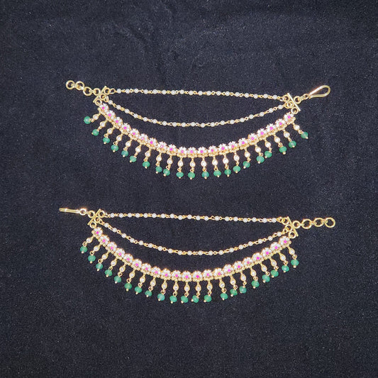 Elegant Floral Motif Green Bead Ear Chains