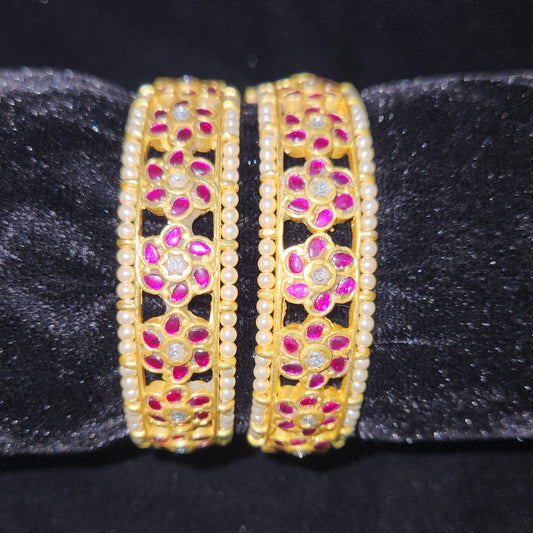 Regal Pink Kundan Floral Openable Bangles with Side Pearls