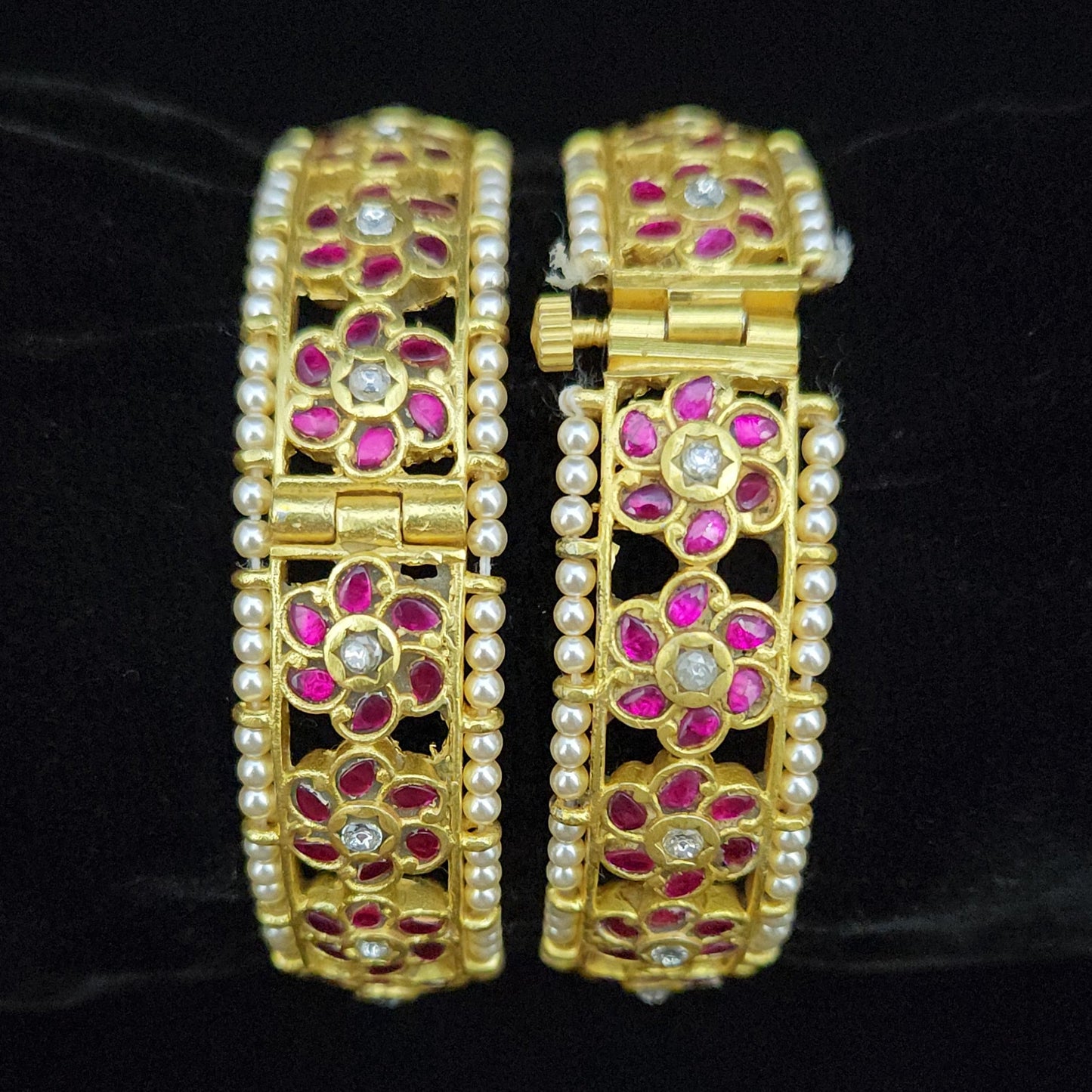 Regal Pink Kundan Floral Openable Bangles with Side Pearls