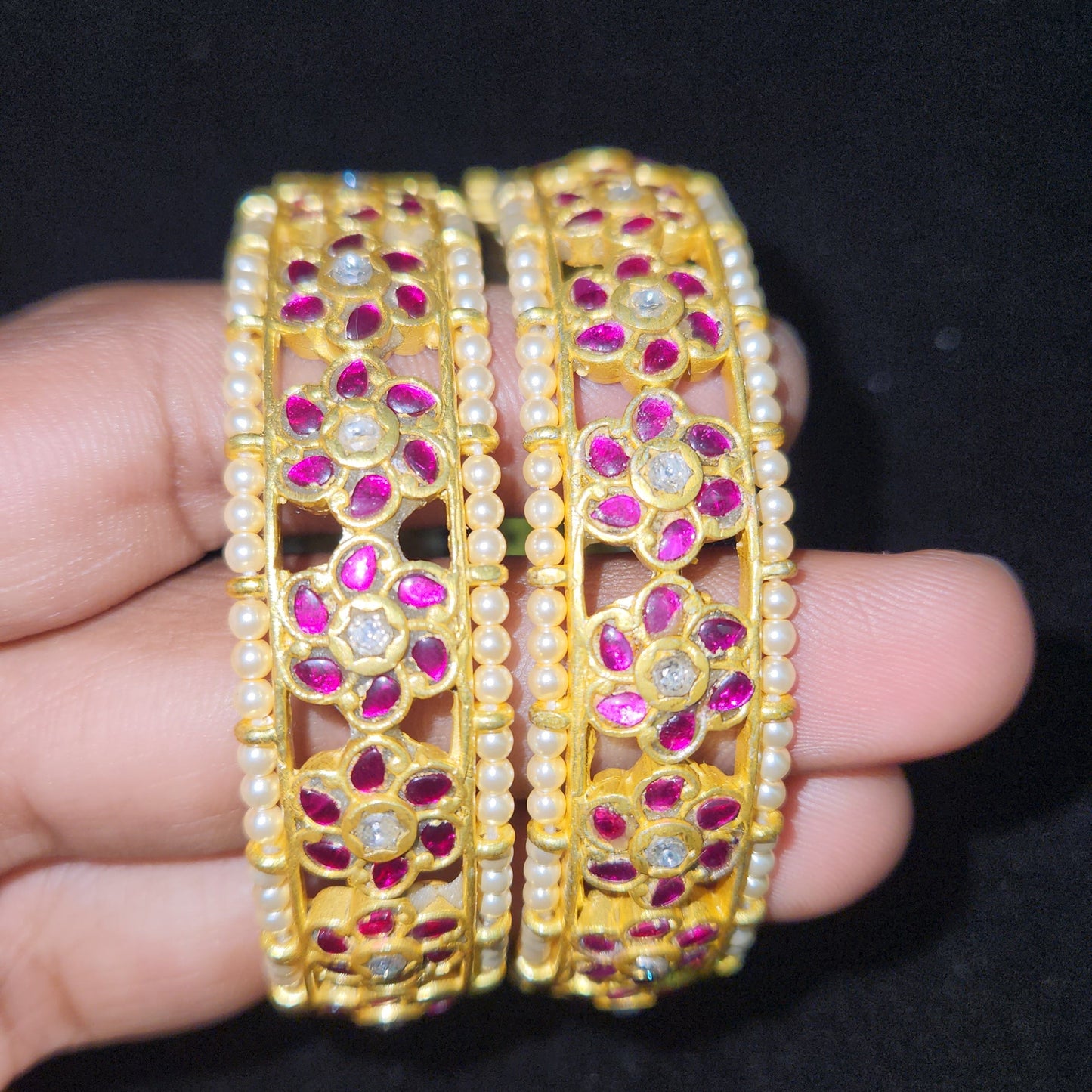 Regal Pink Kundan Floral Openable Bangles with Side Pearls