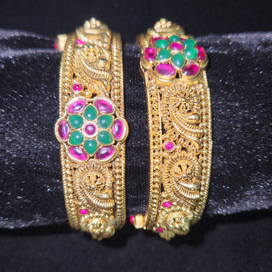 Vibrant Pink Green Kundan Floral Openable Bangles