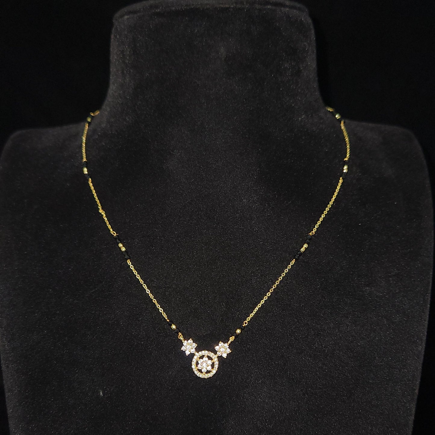 Brilliant Floral Wheel CZ Pendant Black Bead Chain