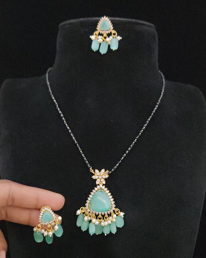 Geometric Double Eight Stone Triangle Pendant Black Bead Chain