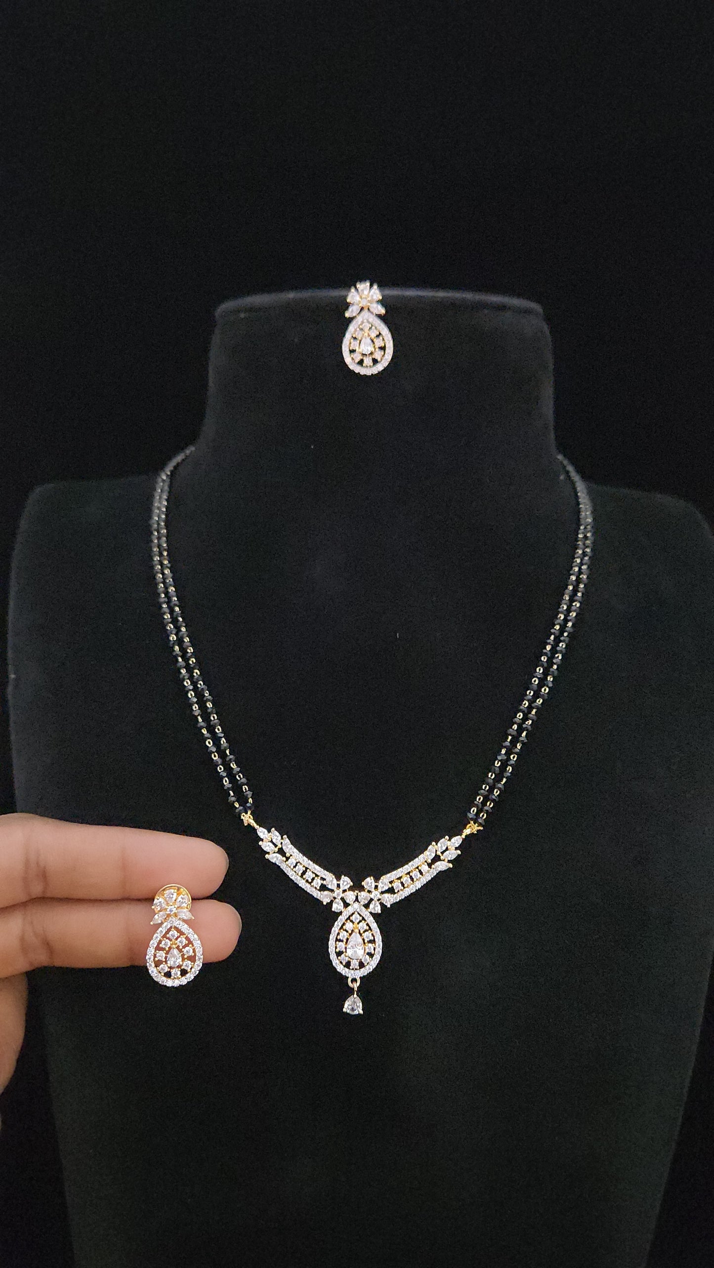 Elegant Tear Drop CZ Pendant Black Bead Chain