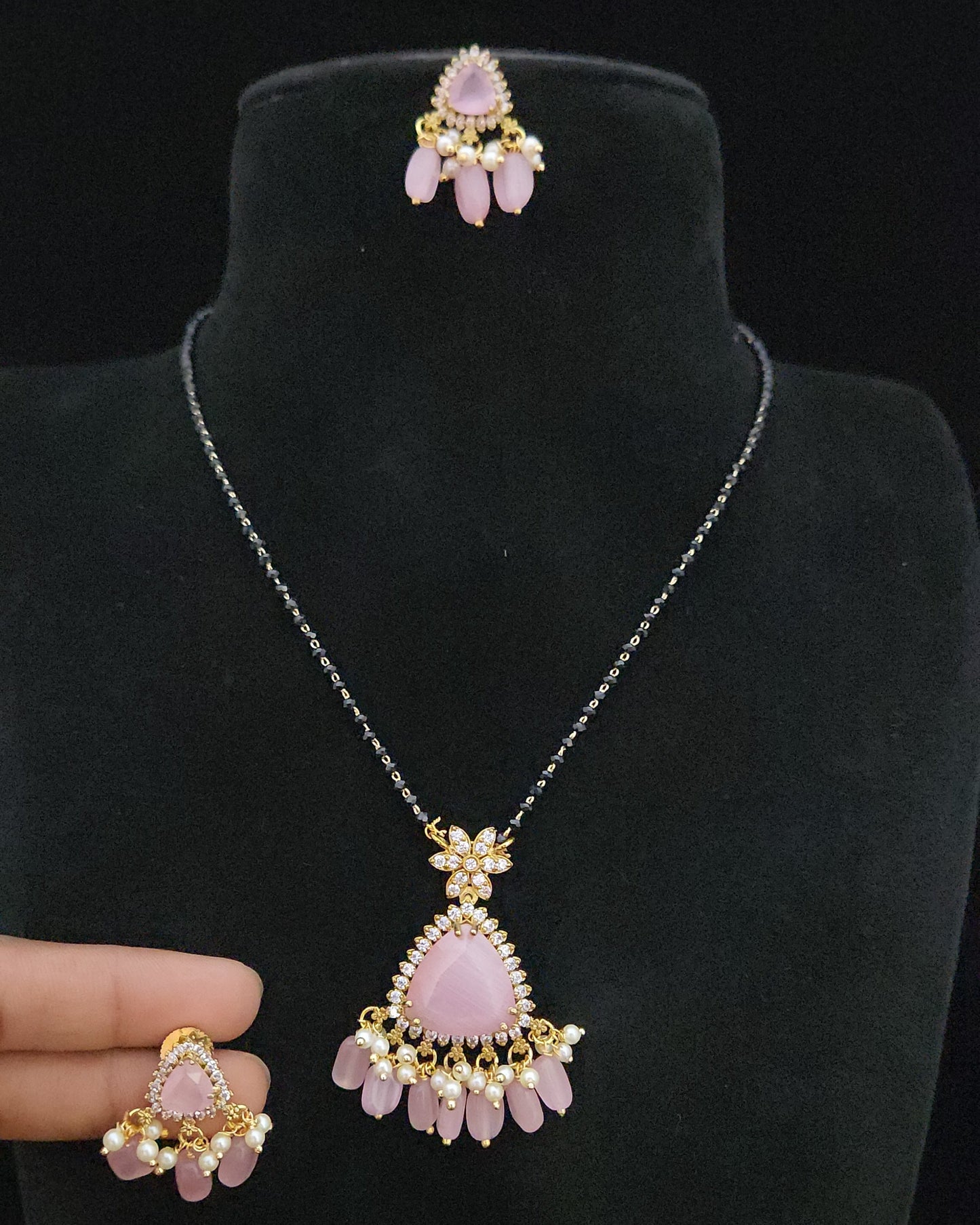 Geometric Double Eight Stone Triangle Pendant Black Bead Chain