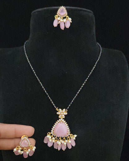 Geometric Double Eight Stone Triangle Pendant Black Bead Chain