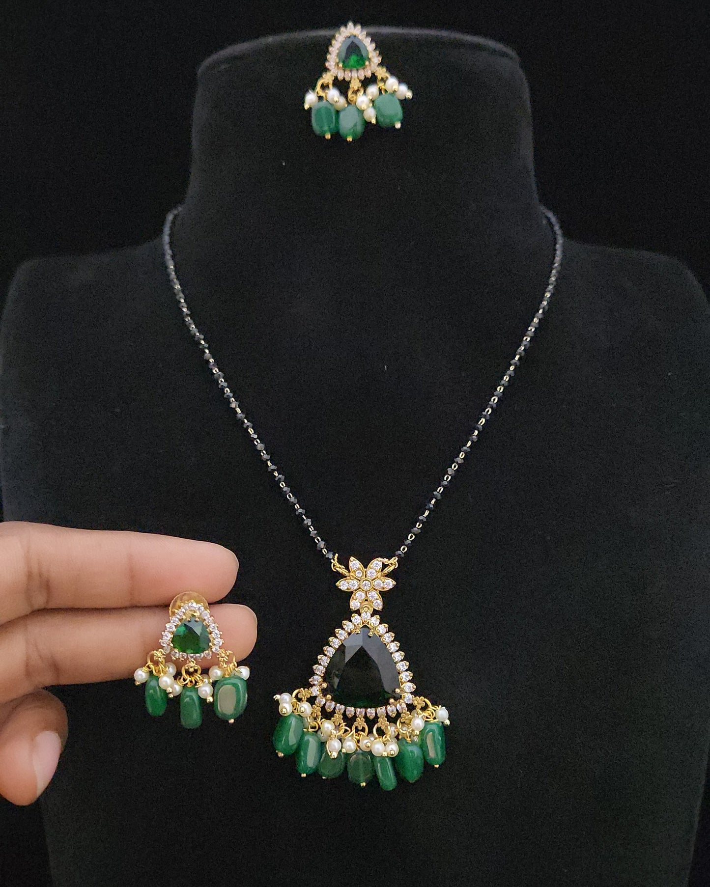 Geometric Double Eight Stone Triangle Pendant Black Bead Chain