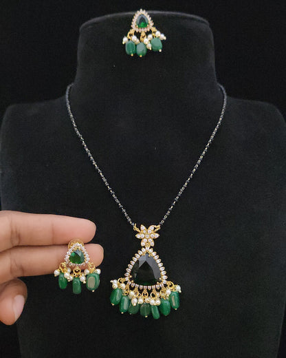 Geometric Double Eight Stone Triangle Pendant Black Bead Chain