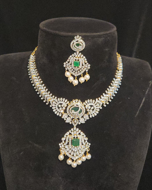 Elegant Diamond Finish Designer Emerald Necklace Set