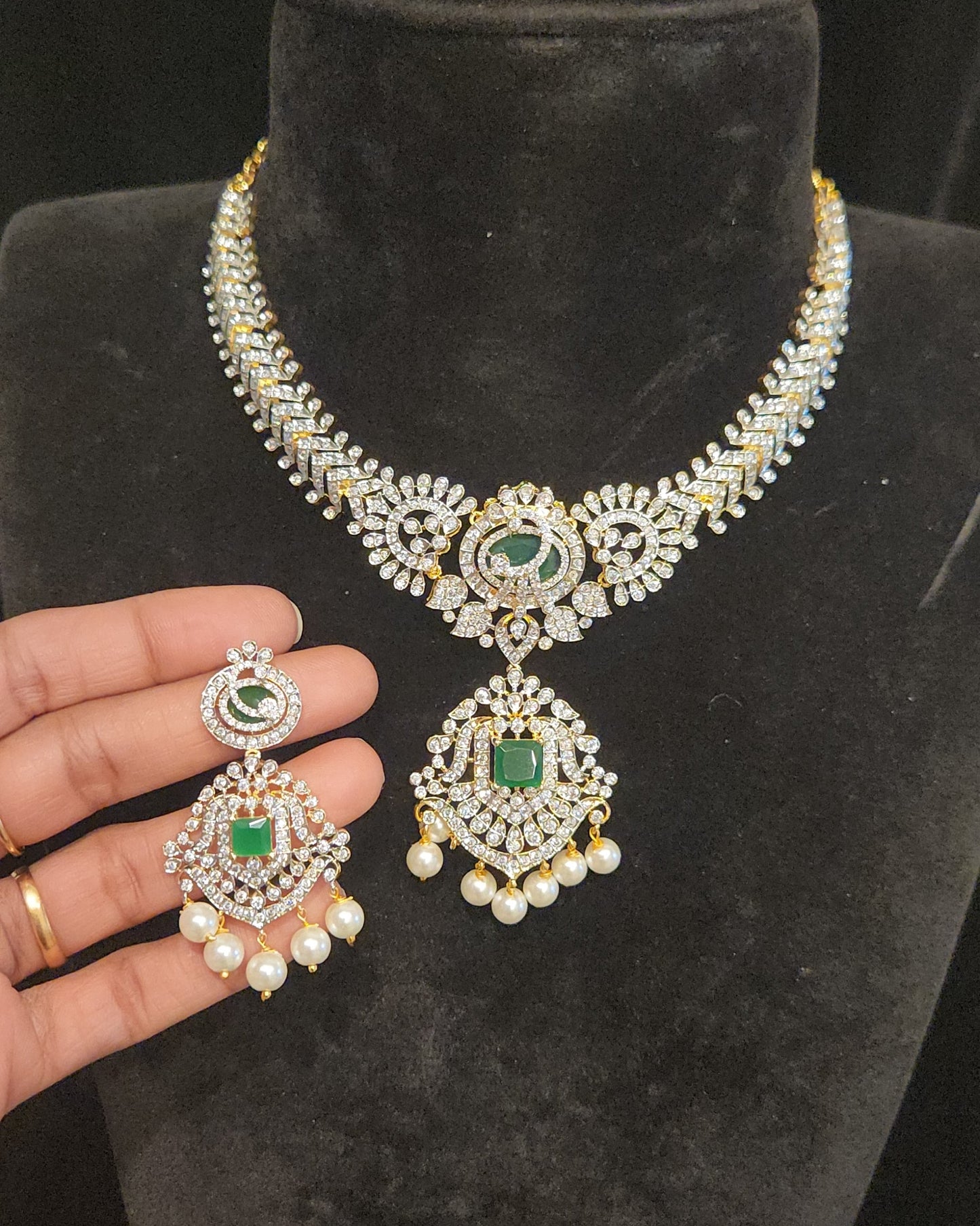 Elegant Diamond Finish Designer Emerald Necklace Set