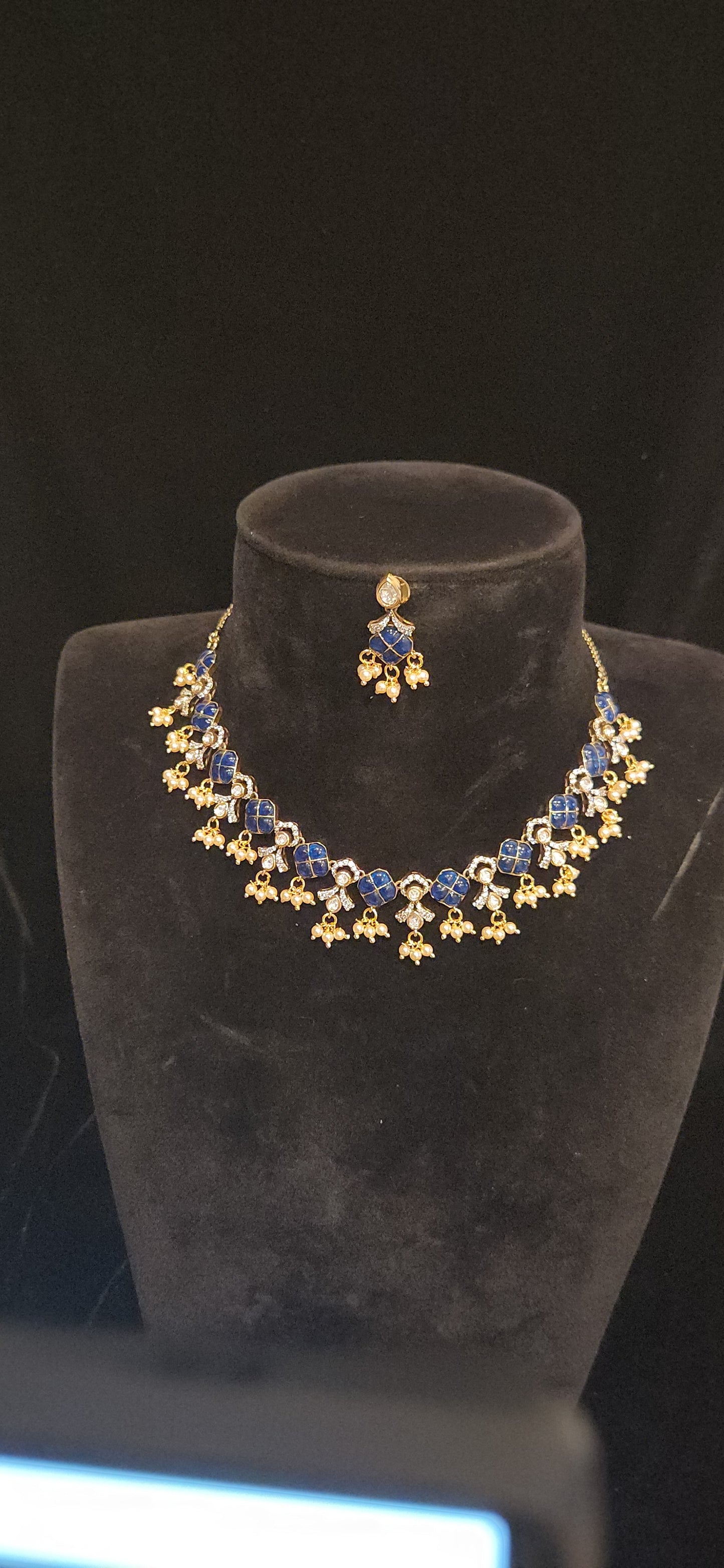 Exotic Dark Blue Floral Polki Necklace Set