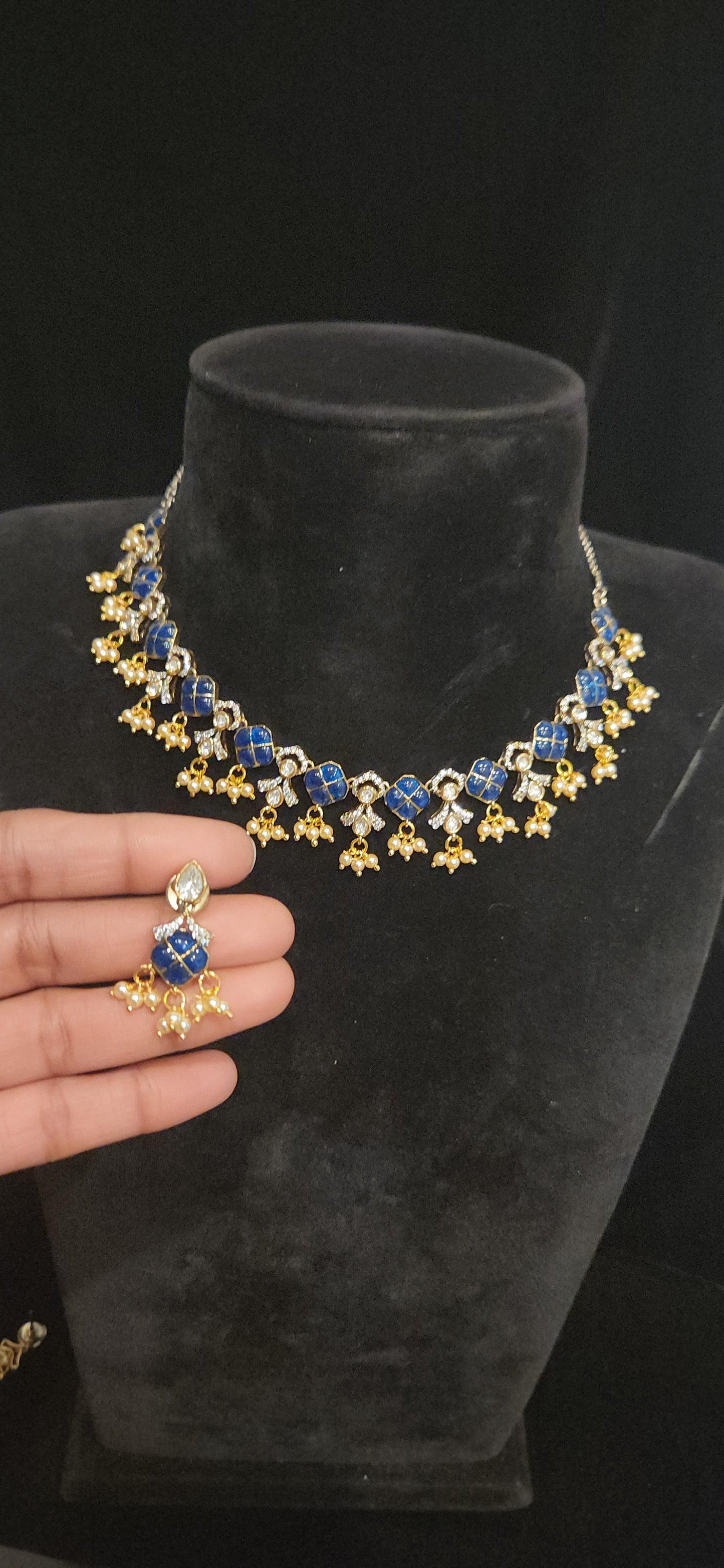 Exotic Dark Blue Floral Polki Necklace Set