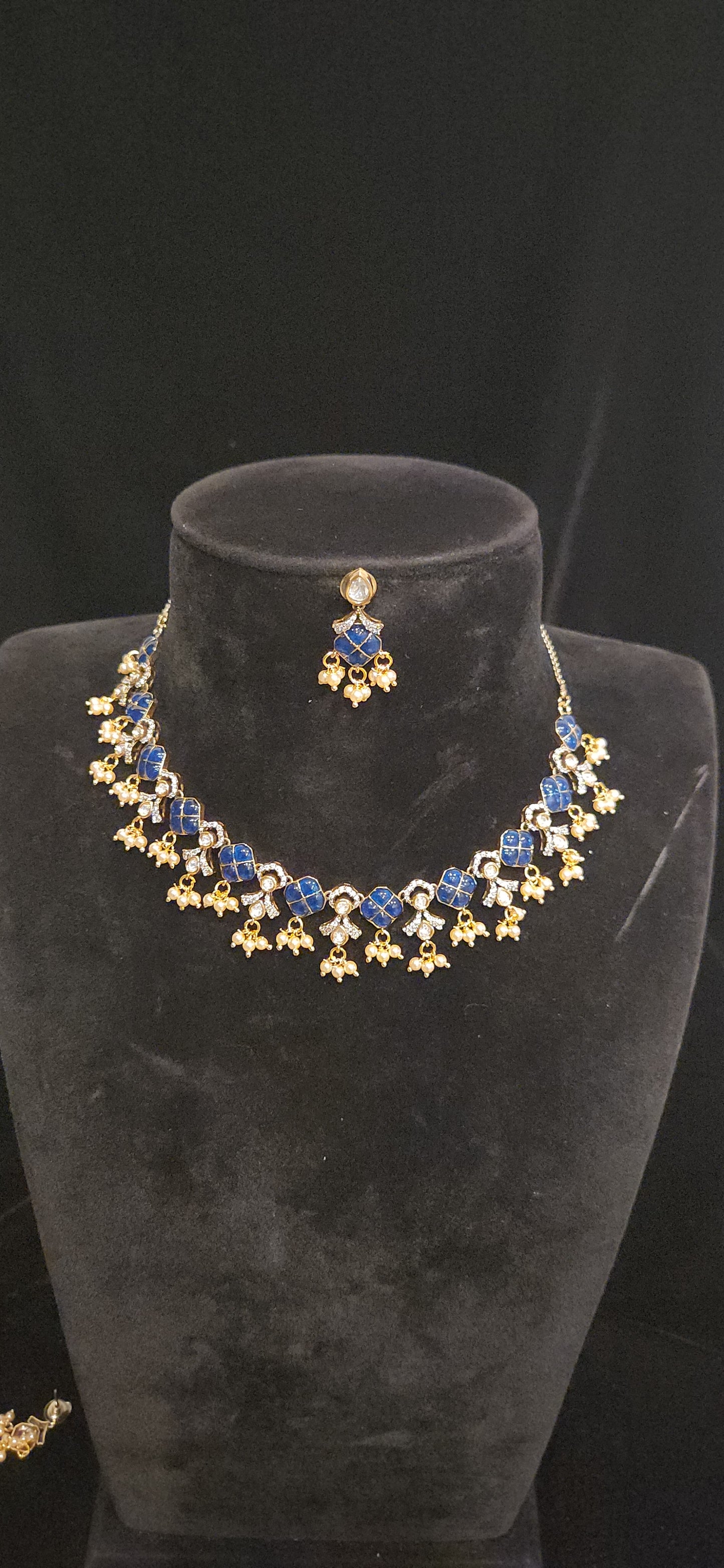 Exotic Dark Blue Floral Polki Necklace Set