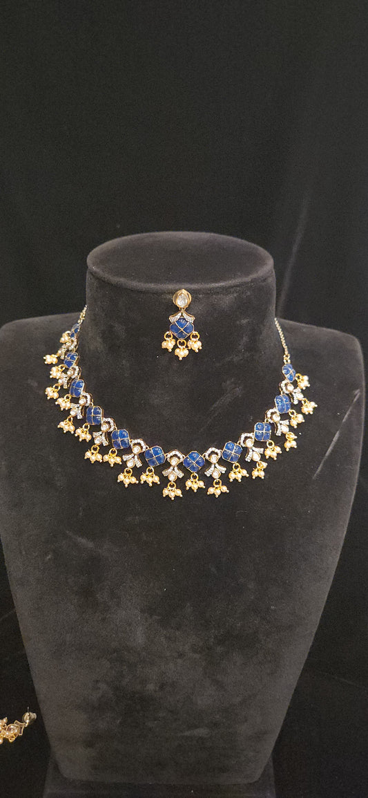 Exotic Dark Blue Floral Polki Necklace Set