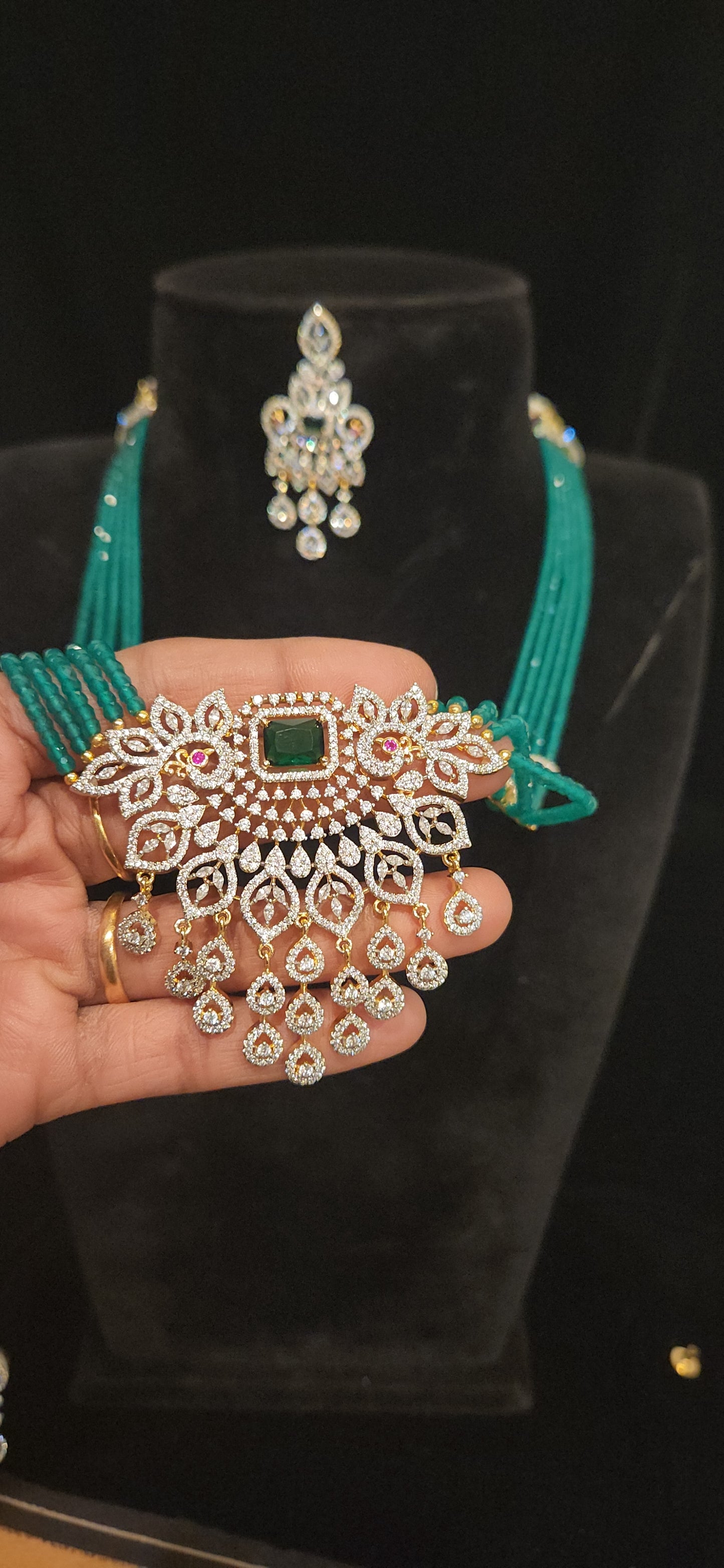 Regal Layered CZ Bead Peacock Pendant Haram Set