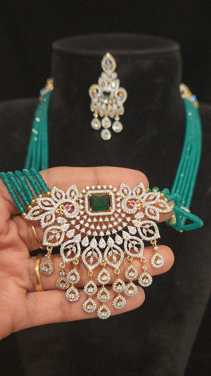 Regal Layered CZ Bead Peacock Pendant Haram Set