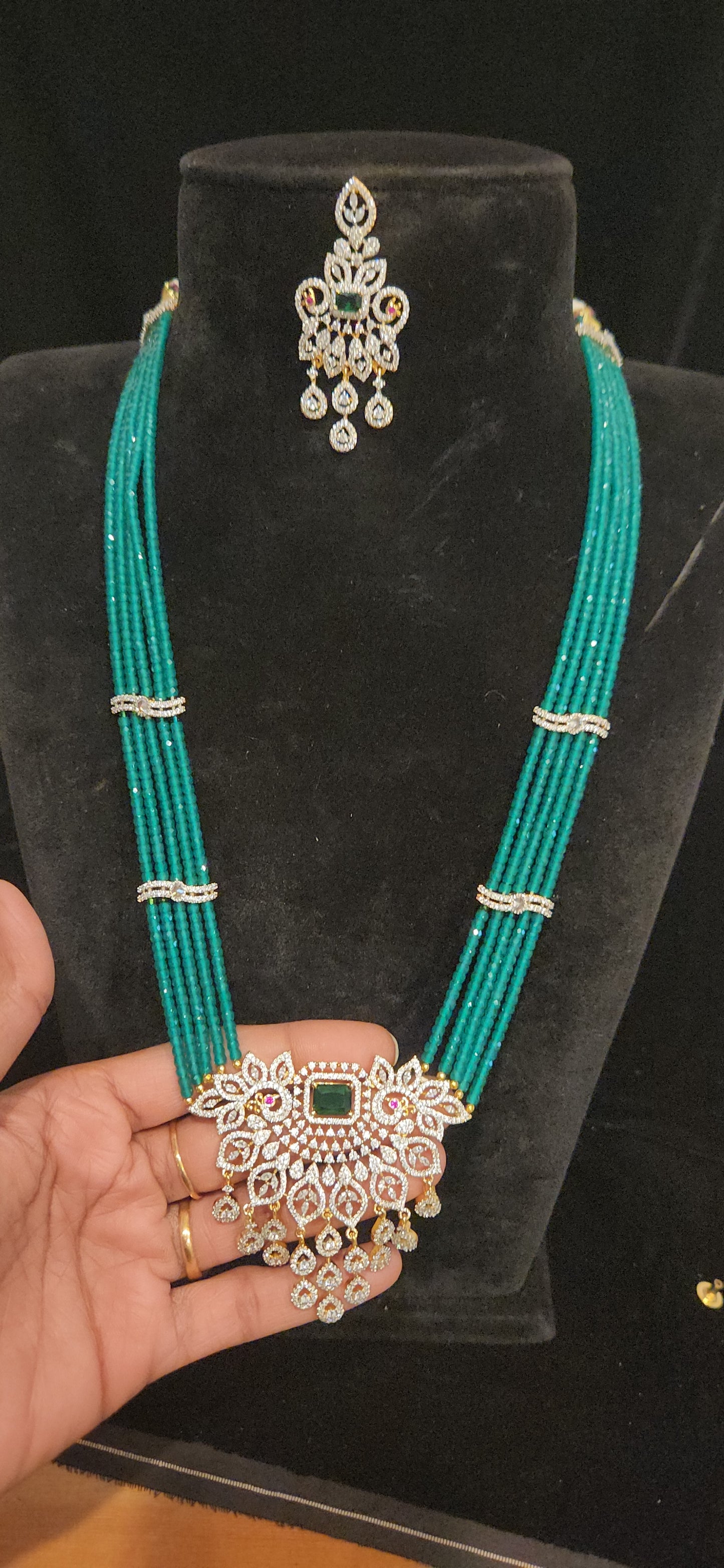 Regal Layered CZ Bead Peacock Pendant Haram Set