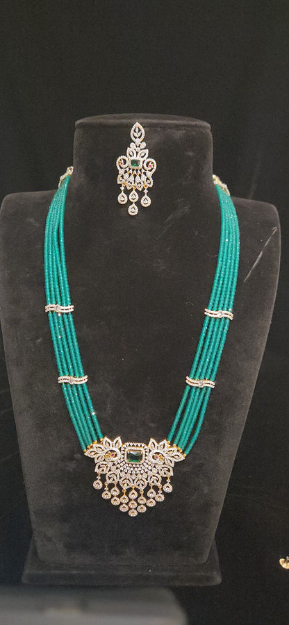 Regal Layered CZ Bead Peacock Pendant Haram Set