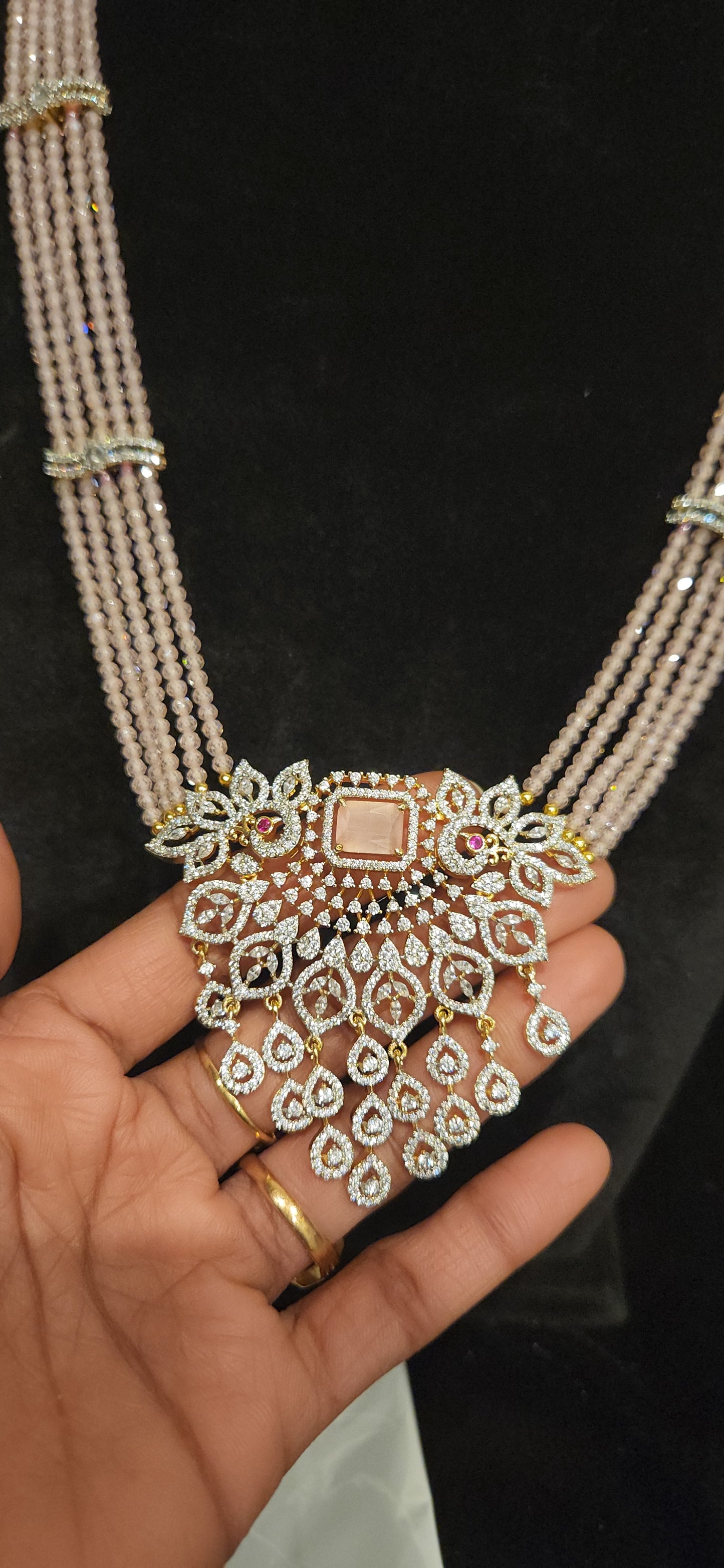 Regal Layered CZ Bead Peacock Pendant Haram Set