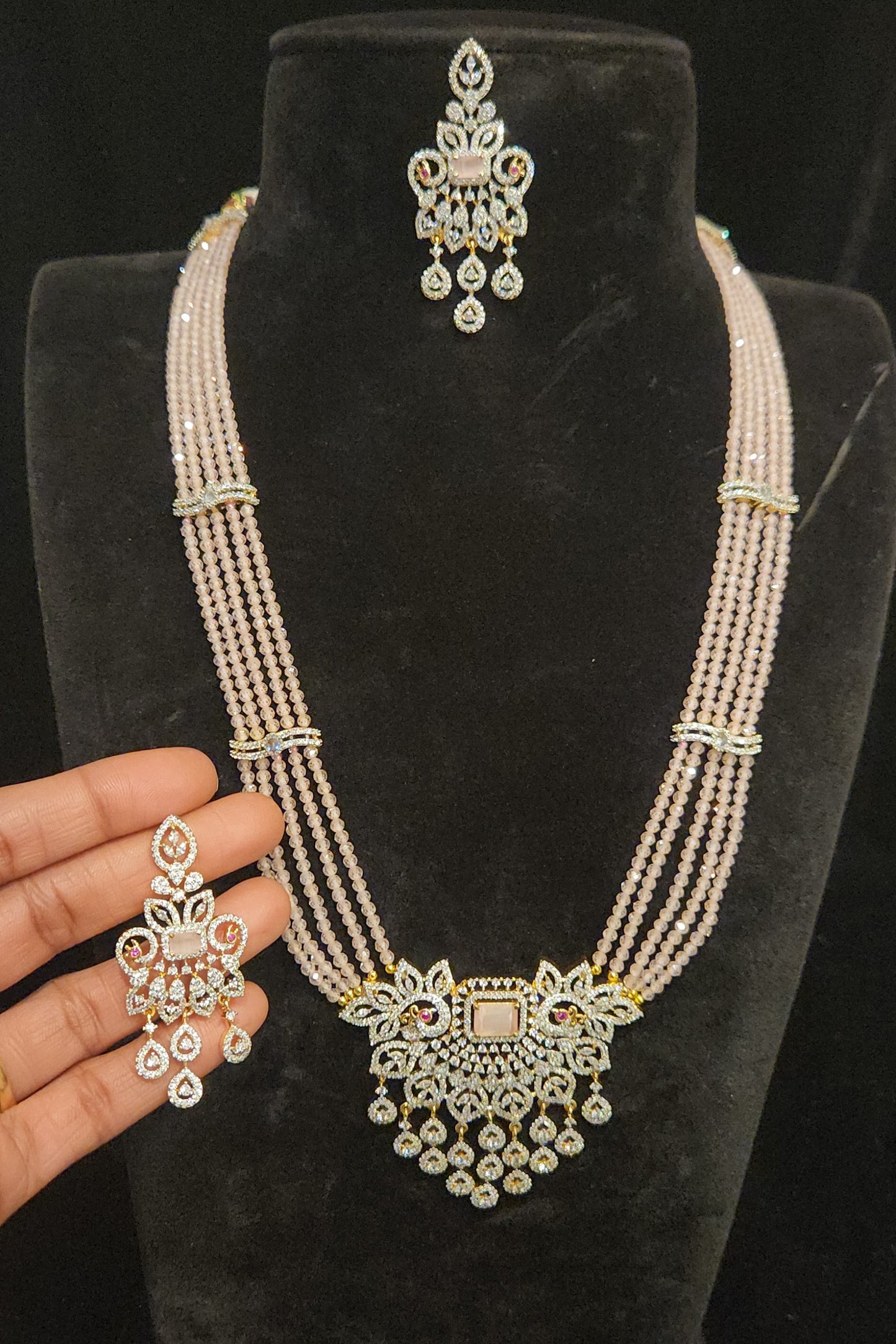 Regal Layered CZ Bead Peacock Pendant Haram Set