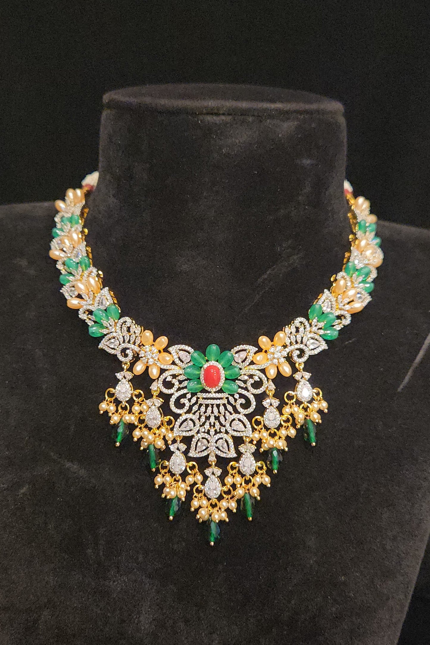 Artistic Coral, Green & Gold Bead Flower Necklace Set