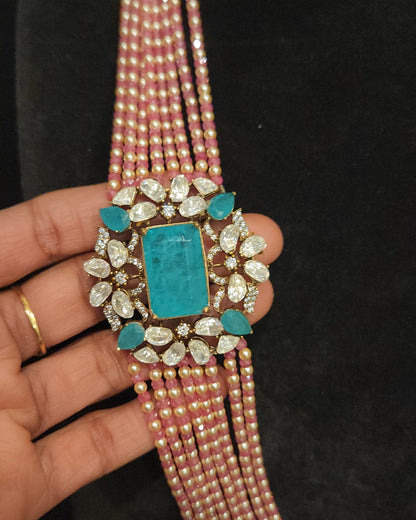 Elegant Multi-Layered CZ Bead Floral Long Mala Set