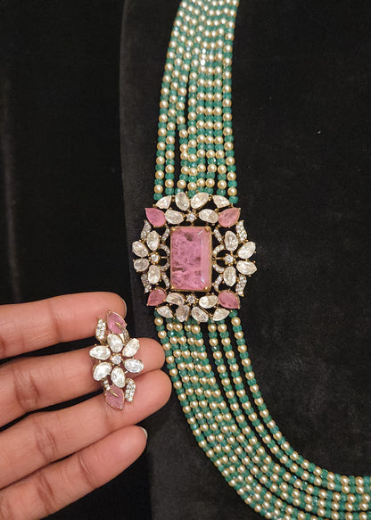 Elegant Multi-Layered CZ Bead Floral Long Mala Set