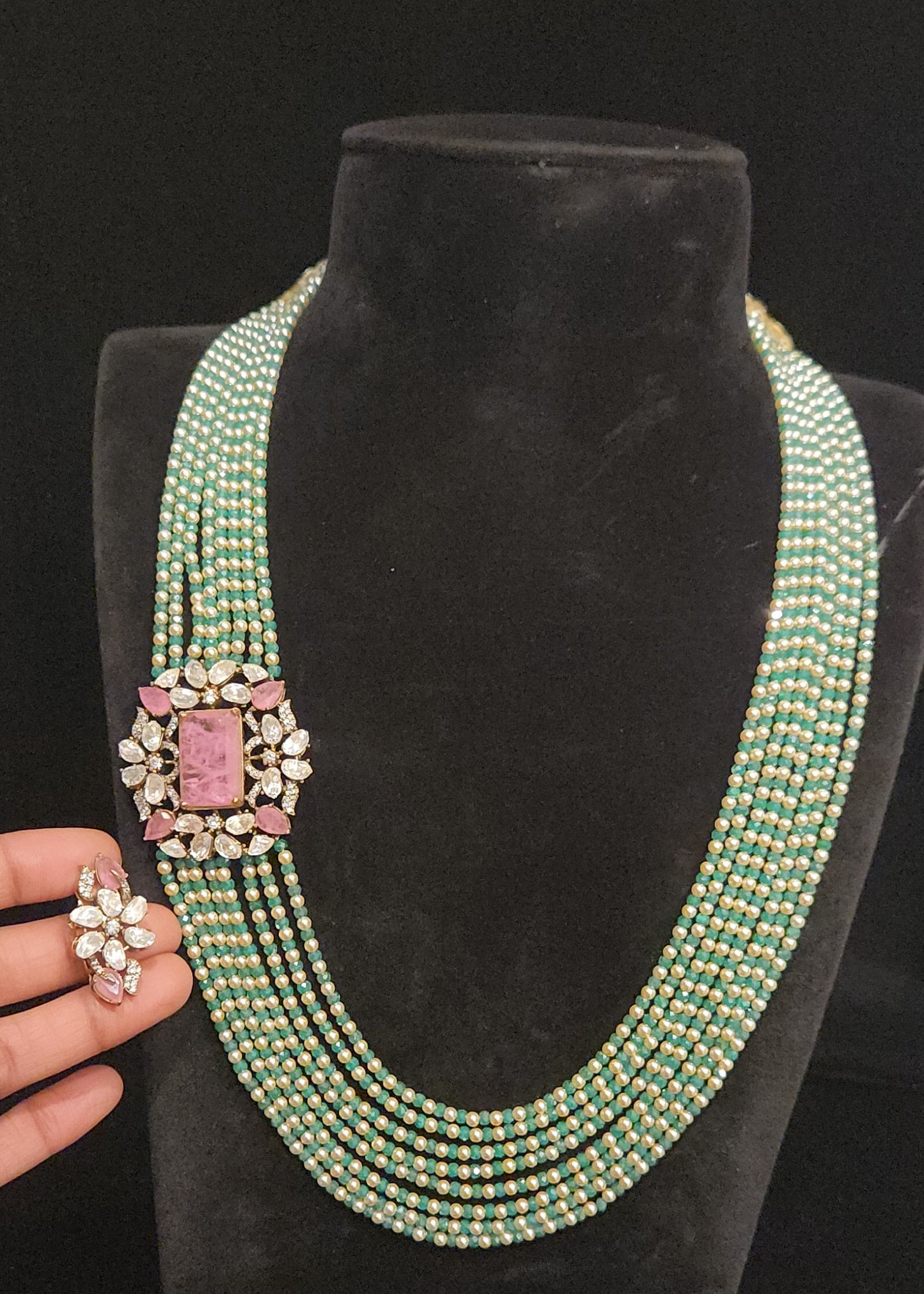 Elegant Multi-Layered CZ Bead Floral Long Mala Set