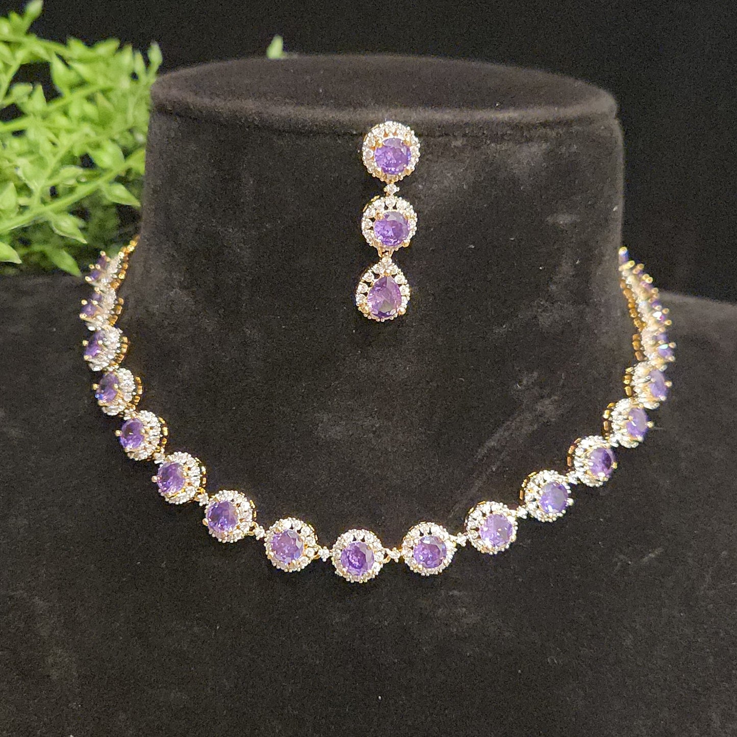 Brilliant Diamond Finish Purple Stone Necklace Set