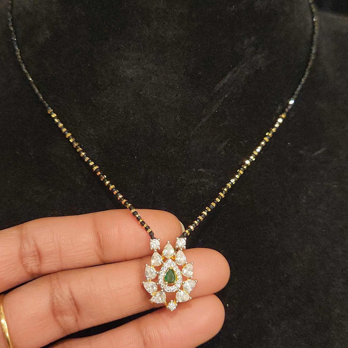 Designer Tear Drop  Black Beads with CZ locket