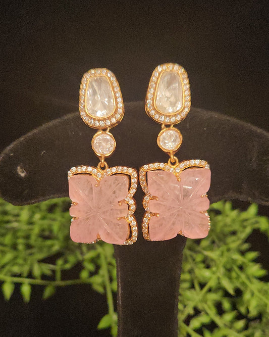 Exquisite Floral Carved Double Eight Stone Earrings