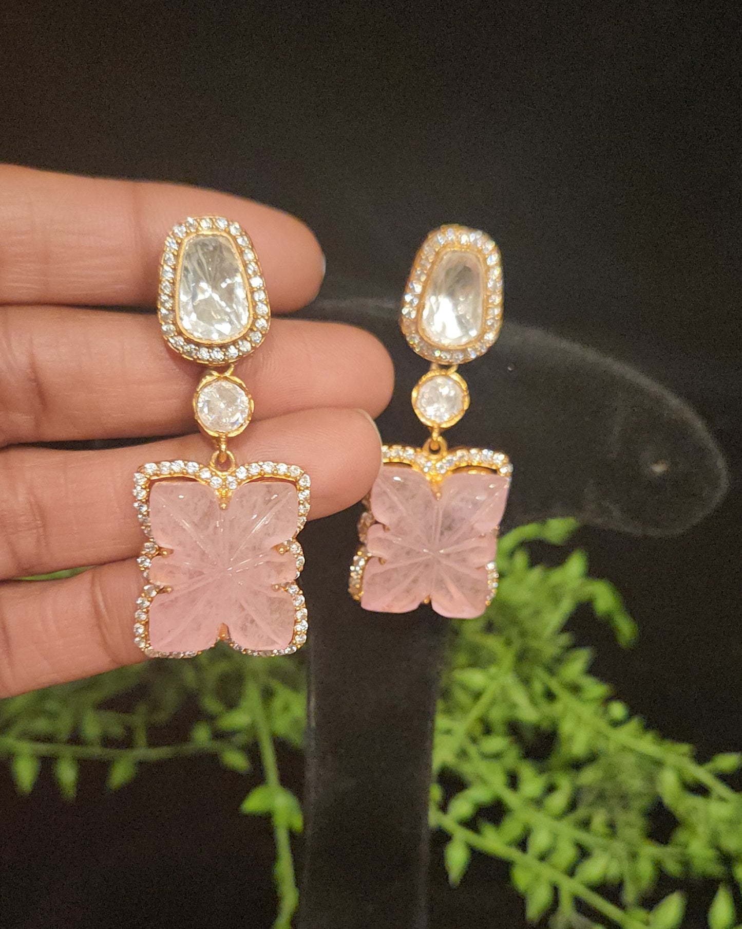 Exquisite Floral Carved Double Eight Stone Earrings