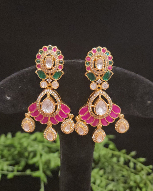 Elegant Floral Tear Drop Kundan and Mossanite Earrings