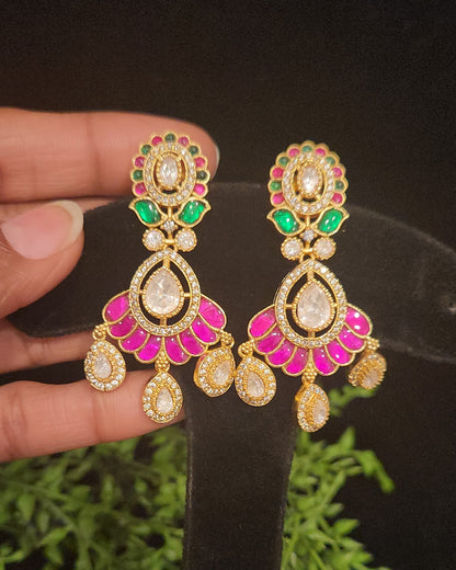 Elegant Floral Tear Drop Kundan and Mossanite Earrings