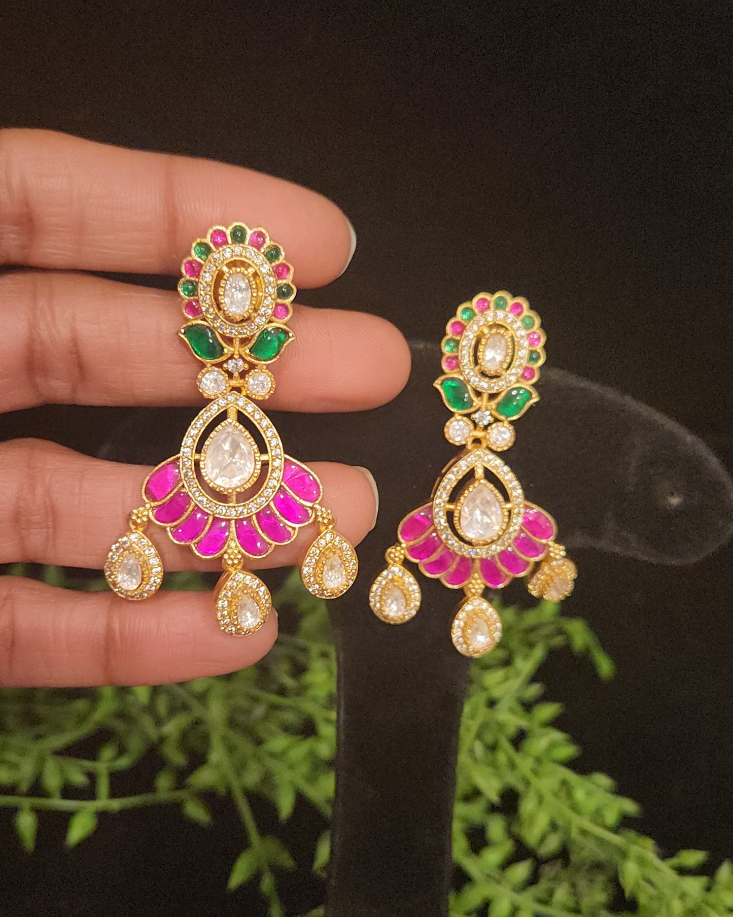 Elegant Floral Tear Drop Kundan and Mossanite Earrings